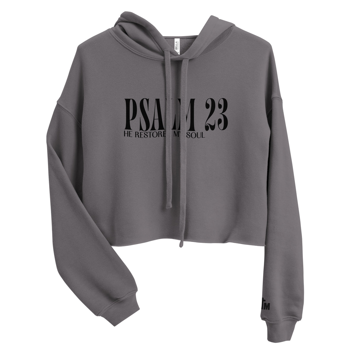 Front view of a Storm gray women’s crop hoodie with black “Psalm 23” lettering and “He Restores My Soul” beneath it, a drawstring hood, and long sleeves.