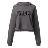 Front view of a Storm gray women’s crop hoodie with black “Psalm 23” lettering and “He Restores My Soul” beneath it, a drawstring hood, and long sleeves.