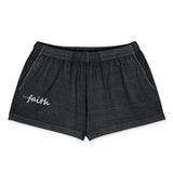 "Have Faith" white lettering on black garment-dyed shorts