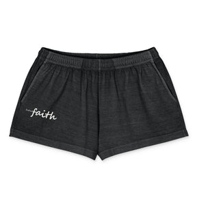 "Have Faith" white lettering on black garment-dyed shorts