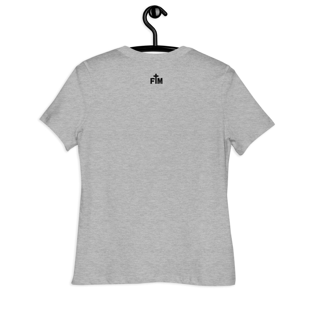 Gray t-shirt on a hanger against a white background showing FM "Faith Mode" logo in black