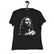 Black women’s crewneck T-shirt featuring a large distressed cream-colored portrait of Jesus looking upward, displayed on a black hanger against a white background.