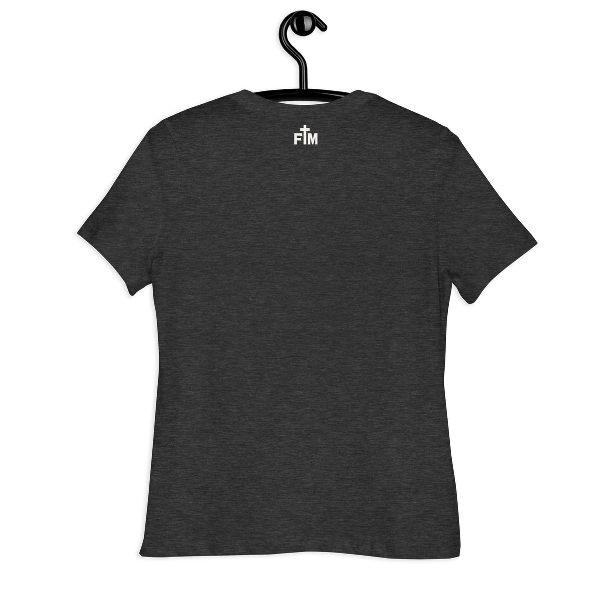 Dark gray t-shirt with 'FM' logo on a hanger against a white background