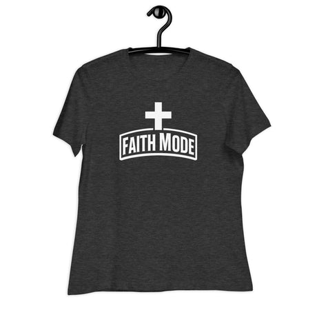 Dark gray t-shirt with 'Faith Mode' text and cross on a hanger against a white background