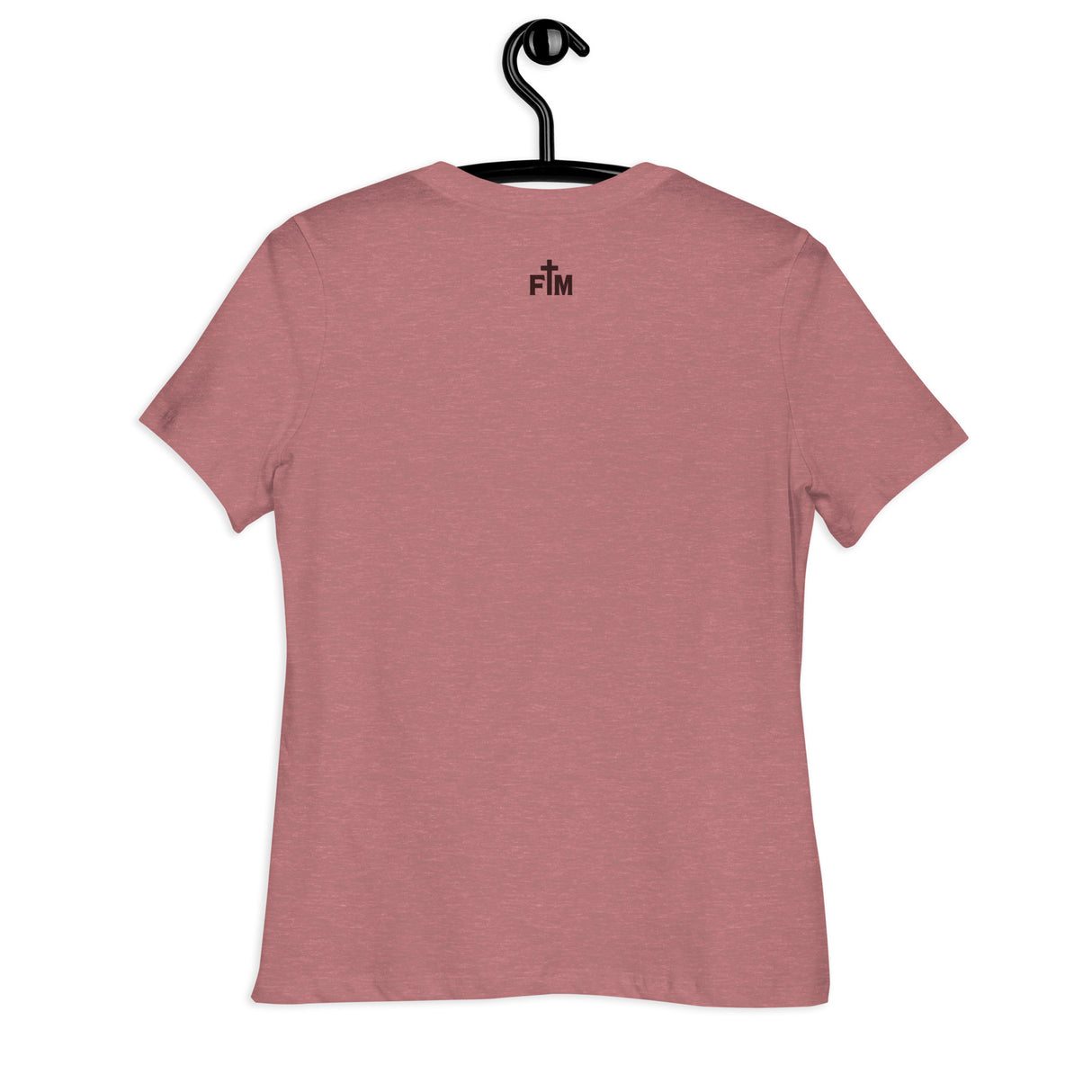 Heather Mauve t-shirt on a hanger against a white background showing the FM "Faith Mode" logo, about 1" in size on the back of the shirt.