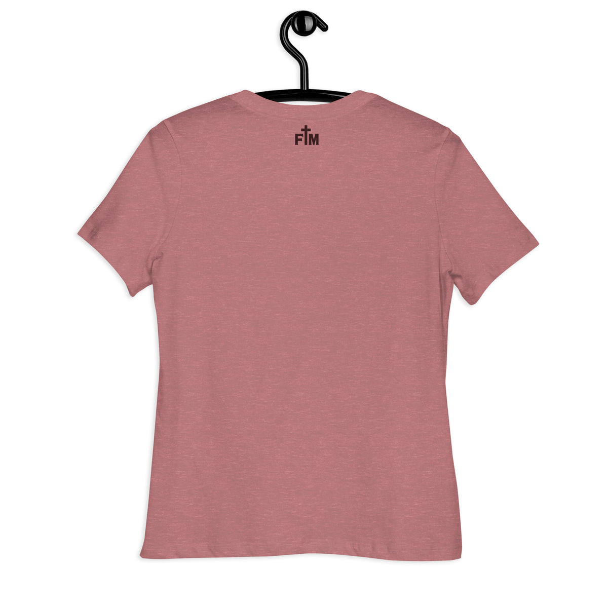 Heather Mauve t-shirt on a hanger against a white background showing the FM "Faith Mode" logo, about 1" in size on the back of the shirt.