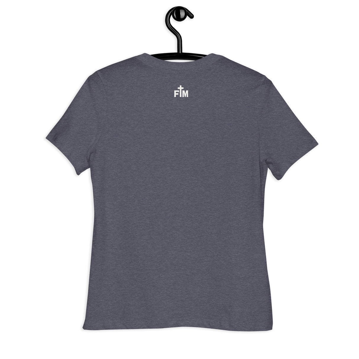 Heather Navy Blue t-shirt on a hanger against a white background bearing the FM "Faith Mode" logo in cream white