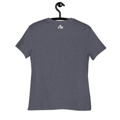 Heather Navy Blue t-shirt on a hanger against a white background bearing the FM "Faith Mode" logo in cream white
