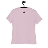 The "FM" Faith Mode logo printed in deep purple ink, small on the upper back neck area of a light violet shirt 