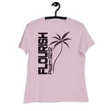 Women's light violent T-Shirt with "Flourish Psalm 92:12" and a Palm Tree decal in dark Plum ink