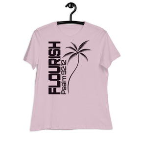 Women's light violent T-Shirt with "Flourish Psalm 92:12" and a Palm Tree decal in dark Plum ink