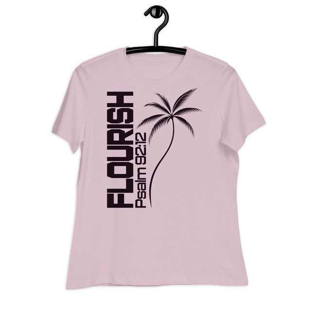 Women's light violent T-Shirt with "Flourish Psalm 92:12" and a Palm Tree decal in dark Plum ink