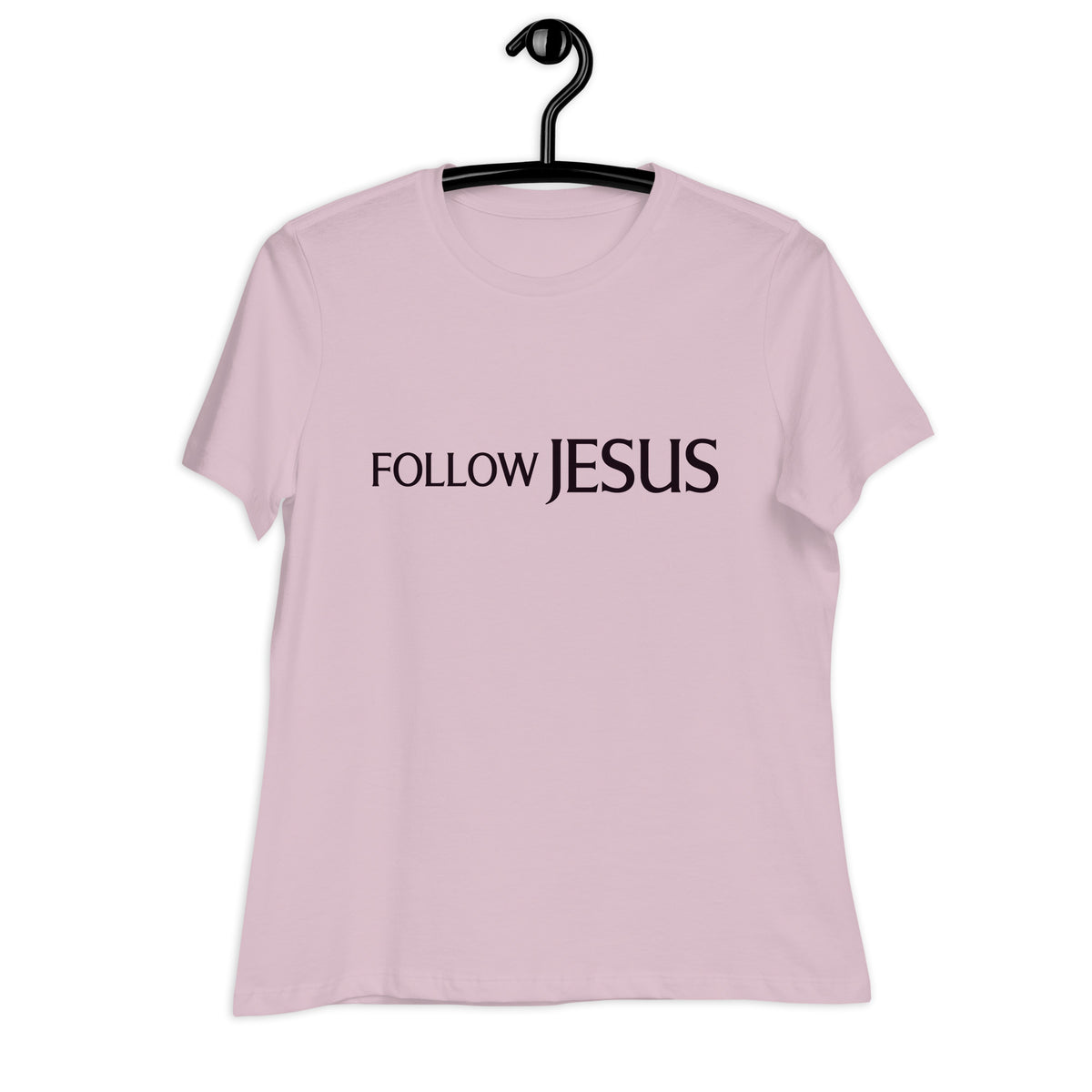 "Follow Jesus" in deep purple sans seif font across the chest of a light violet women's shirt