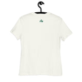 An off-white short-sleeve t-shirt hanging on a black hanger against a plain white background, featuring a small green 'FM' logo printed on the upper back.