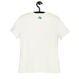 An off-white short-sleeve t-shirt hanging on a black hanger against a plain white background, featuring a small green 'FM' logo printed on the upper back.