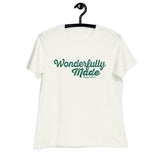 "Wonderfully Made" printed in Deep Teal ink on a vintage white, women's relaxed-fit t-shirt
