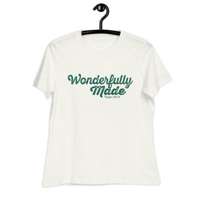 "Wonderfully Made" printed in Deep Teal ink on a vintage white, women's relaxed-fit t-shirt