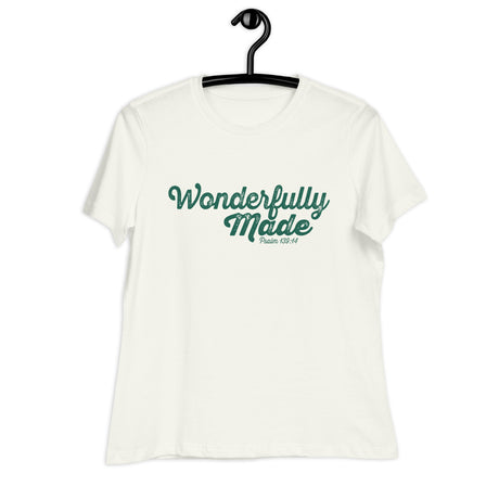 "Wonderfully Made" printed in Deep Teal ink on a vintage white, women's relaxed-fit t-shirt