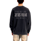 Black sweatshirt with text on the back worn by a person, white background